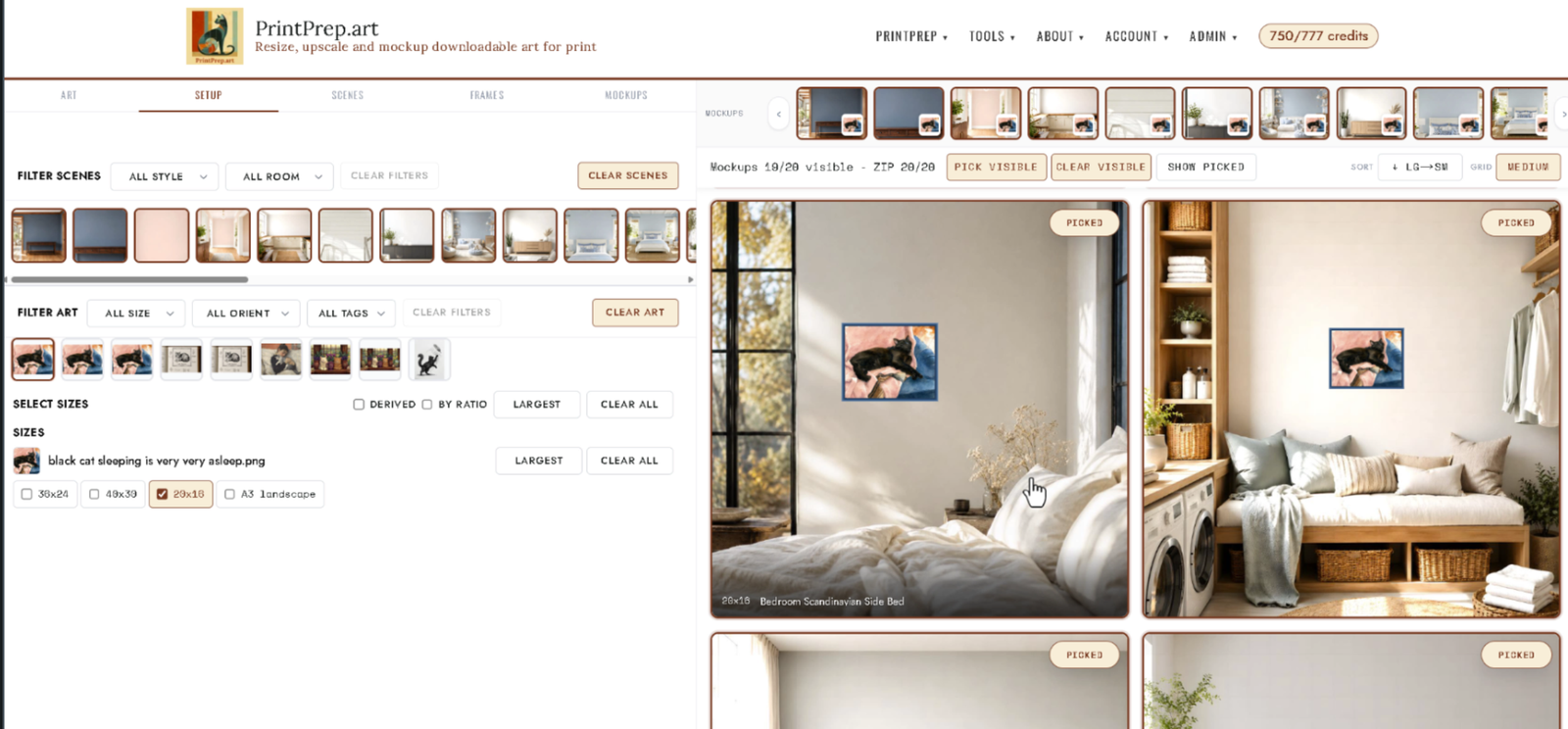 Mockup scene chooser with generated listing image preview